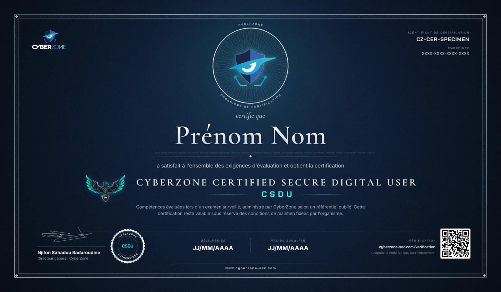 Spécimen de la certification CSDU